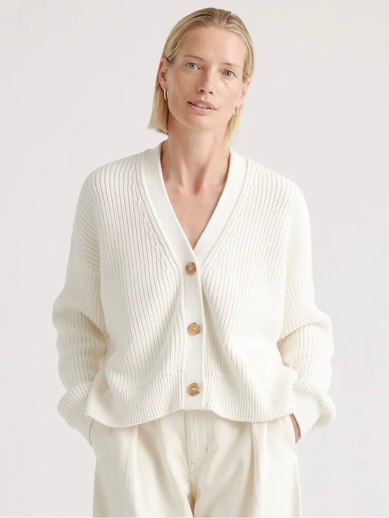 Quince Sweaters - 100% Organic Cotton Fisherman Boxy Cropped Cardigan Size Small (Ivory)